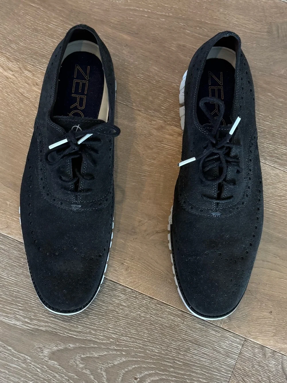 Cole Haan Zero Grand Black Suede Wingtip Oxfords with White Lightweight Sole